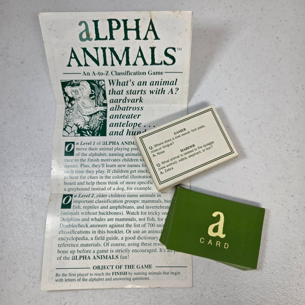 Alpha Animals Board Game Replacement Parts Instructions and Cards 1992